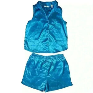 Valerie Stevens Satin Aqua 2 Piece Pajama Set Small